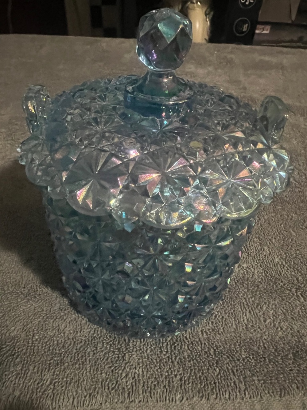 Vintage Fenton 95th Anniversary Aqua Daisy & Button 6" Lidded Candy Jar